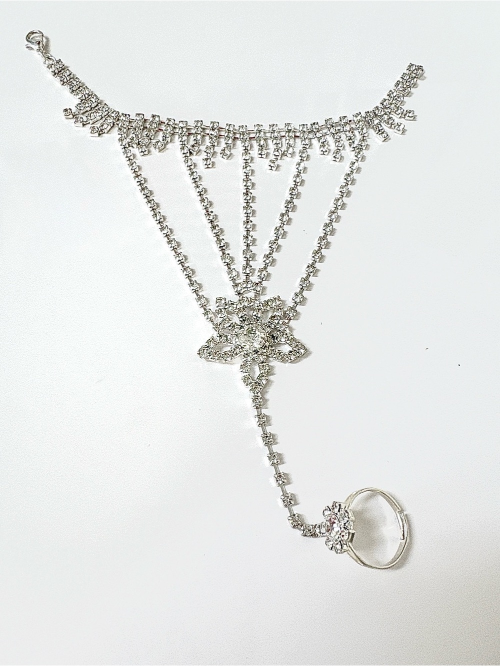 New! Crystal Silver Hand Chain Bracelet with Ring